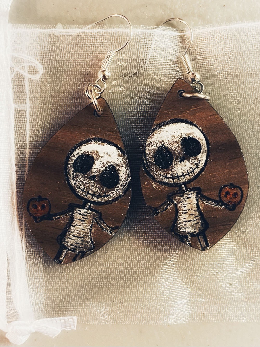 Wooden Skeleton Pumpkin Drop Earrings — Brown